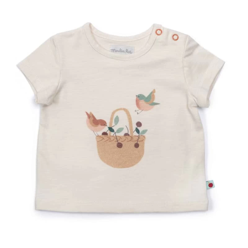 Tee-Shirt Blanc Cassé Florentine Panier Et Oiseaux Pomme Des Bois Moulin Roty